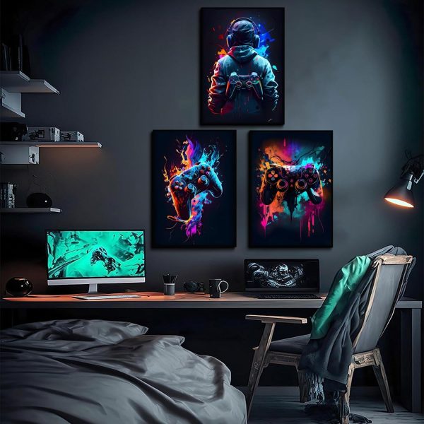 3pcs Cool Gaming Wall Art Retro Video Game Sticky Phototiles Wall Frames
