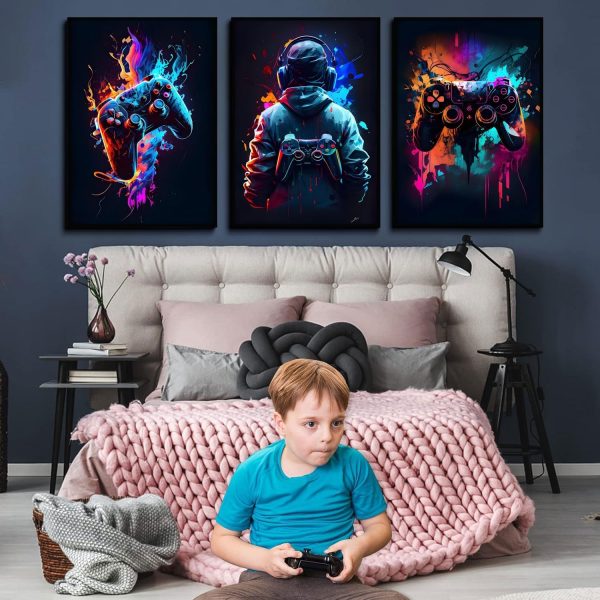 3pcs Cool Gaming Wall Art Retro Video Game Sticky Phototiles Wall Frames
