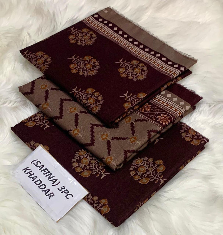 Safina Printed Khaddar 3 Piece (Unstitched) – Shirt, Dupatta & Trouser